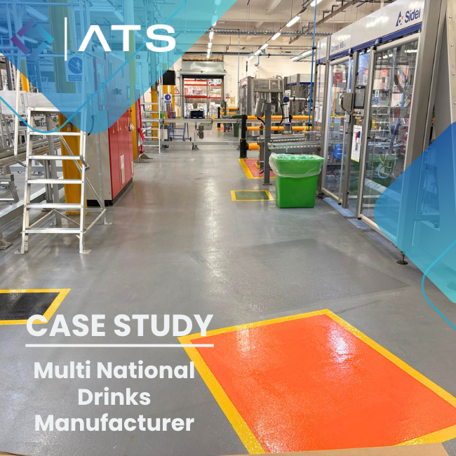 Industrial manufacturing plant floor with automated machinery; overlay reads 'CASE STUDY: Multi National Drinks Manufacturer'