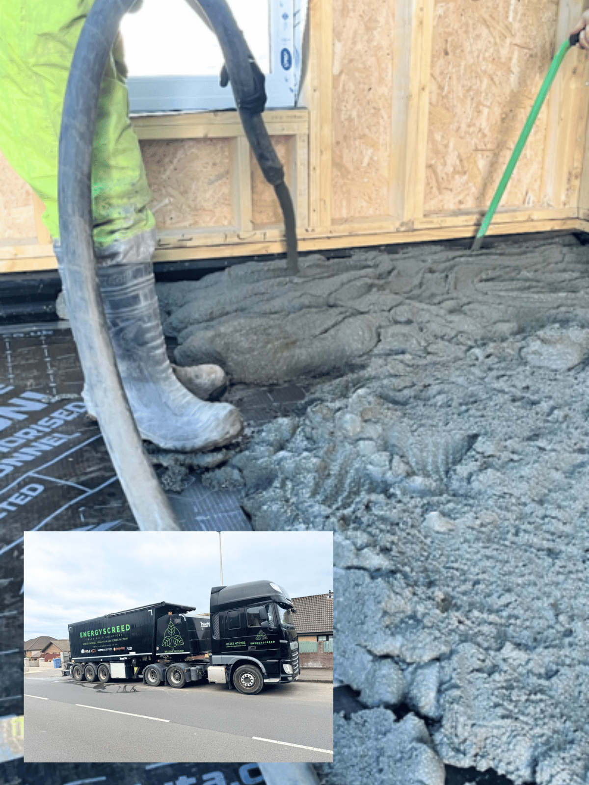 Construction worker in a neon jacket pours and spreads wet concrete inside a framed wall.